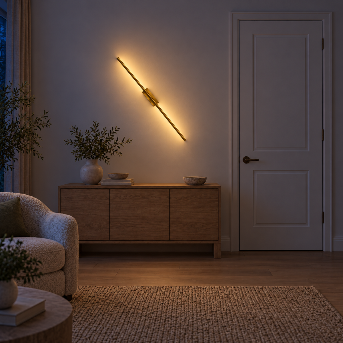 Extended gold-toned linear rod wall light with an elongated offset mounting body, illuminated in an interior setting at night.