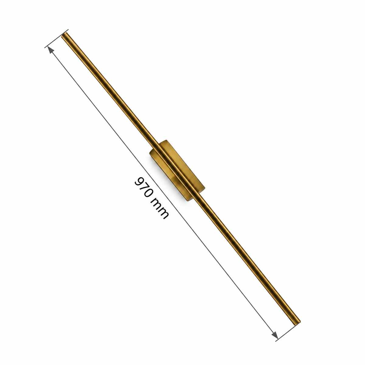 Extended gold-toned linear rod wall light with an elongated offset mounting body dimension diagram showing 970 mm fixture length.