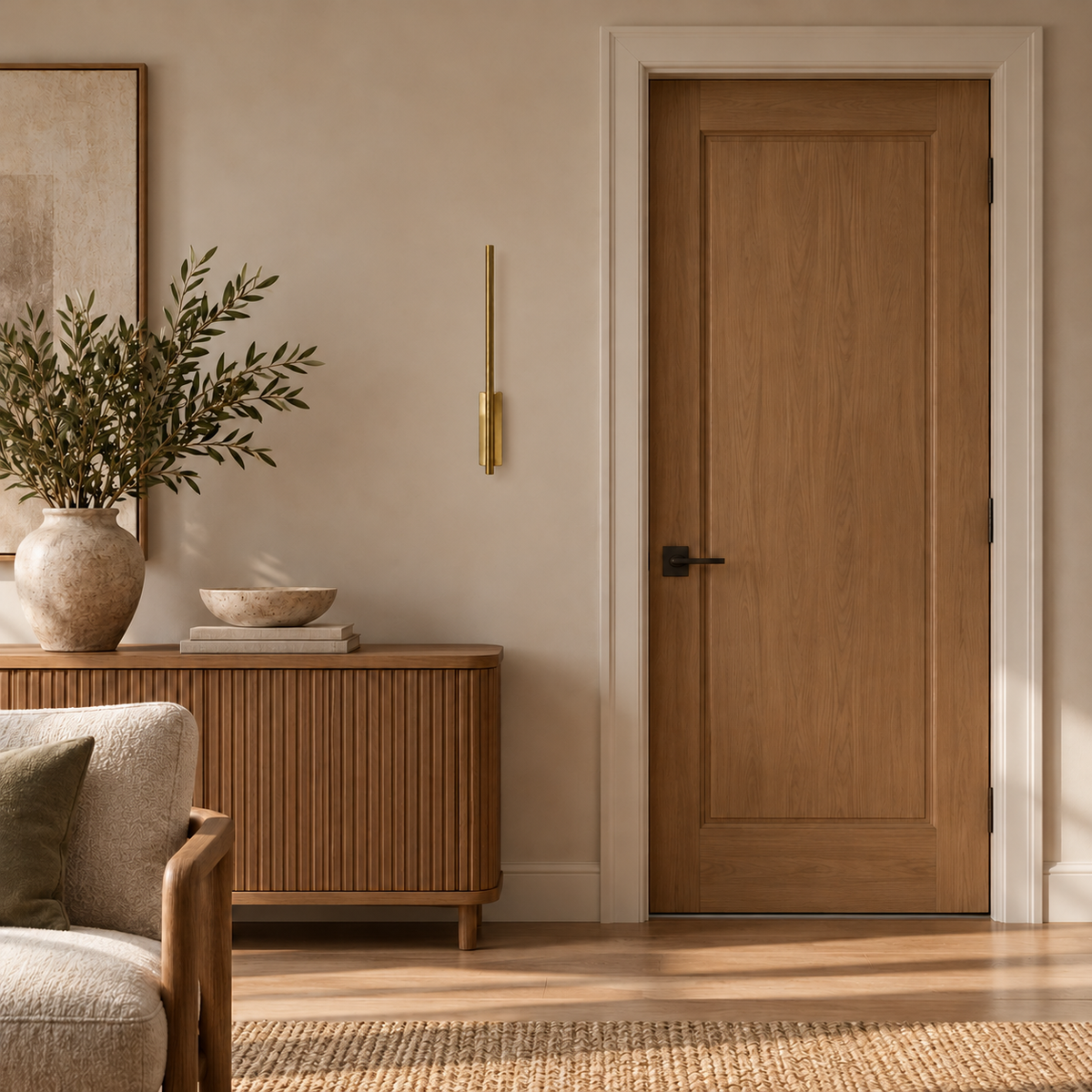 Gold-toned linear stem wall light with an elongated mounting body below the centre, switched off in a daylight interior setting.