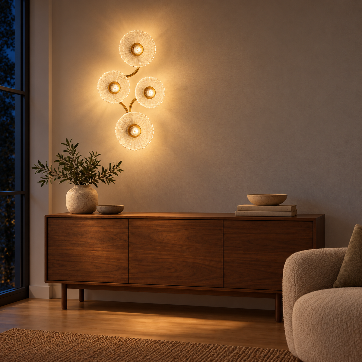 Four Flower Glass Branch Wall Light illuminated in an interior at night