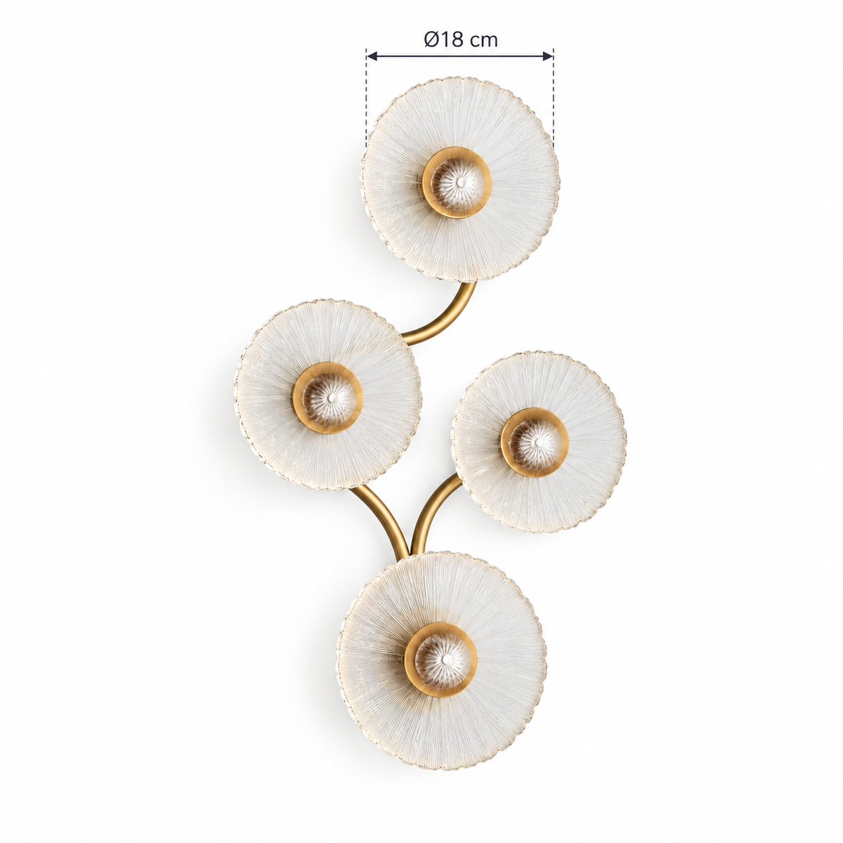 Four flower glass branch wall light showing 18 cm diameter for an individual glass disc