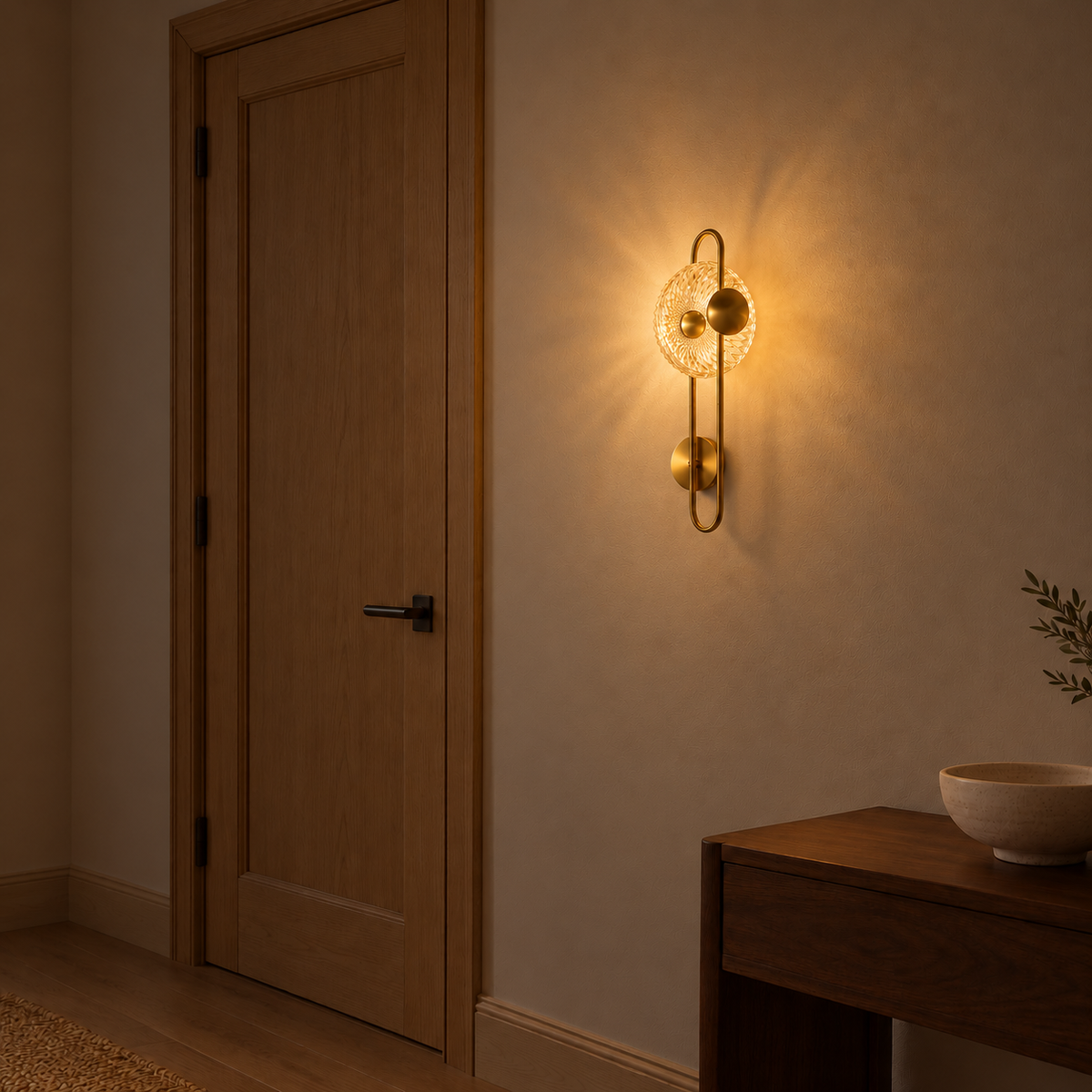 Amber sunburst capsule wall light, illuminated in a nighttime interior setting.