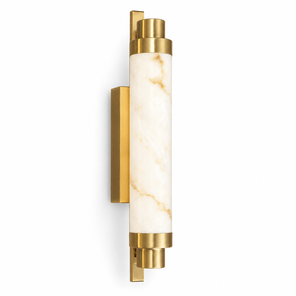 Marble Cylinder Wall Light with a pale veined marble cylinder and stepped gold-tone ends, shown switched off against a white background