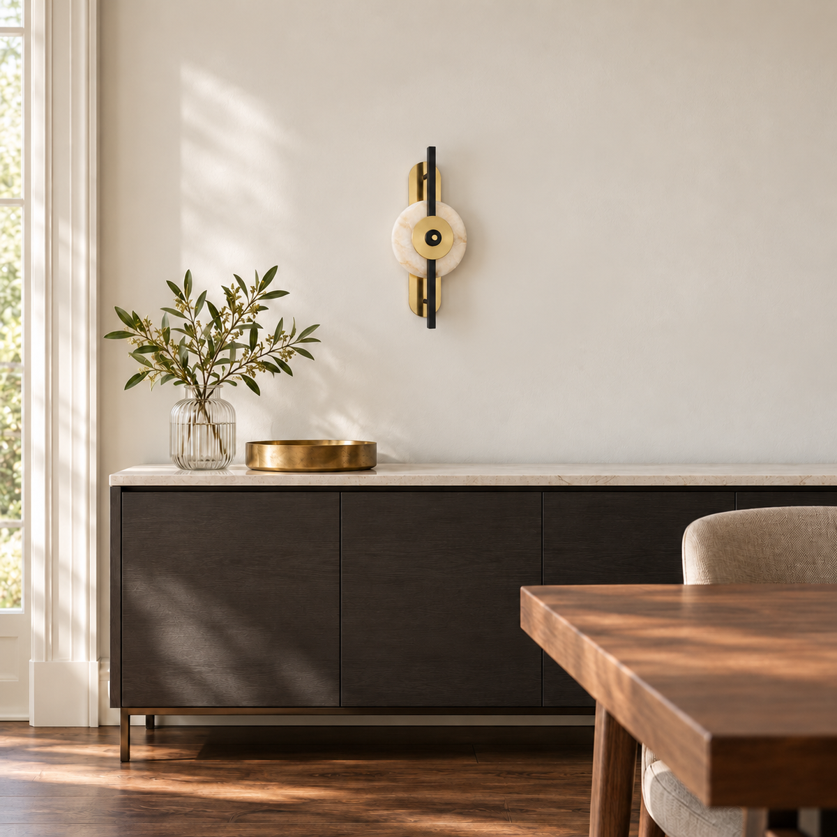 Marble Disc Bar Wall Light installed in a daylight interior, switched off