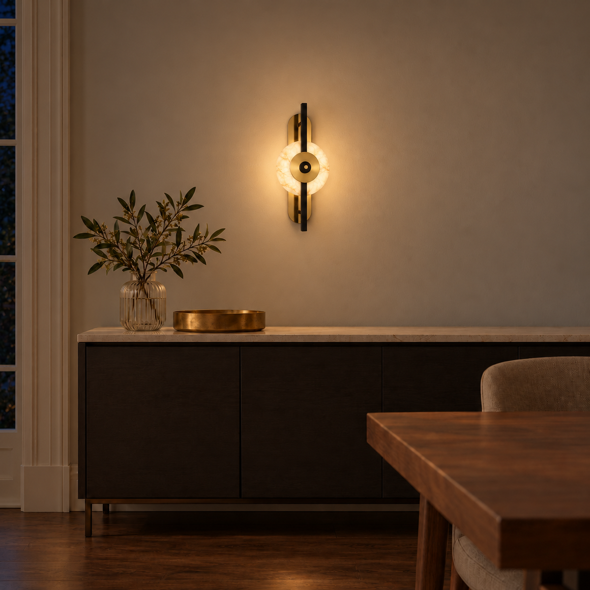 Marble Disc Bar Wall Light illuminated in a night-time interior