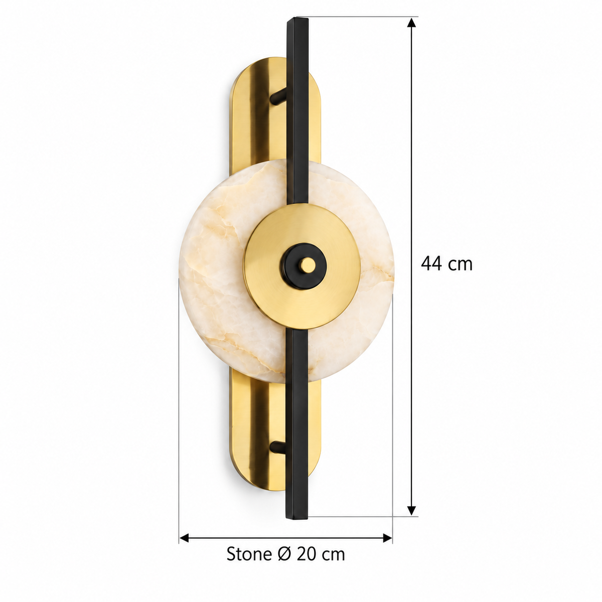 Marble Disc Bar Wall Light dimension guide showing stone disc diameter 20 cm; complete long span 44 cm
