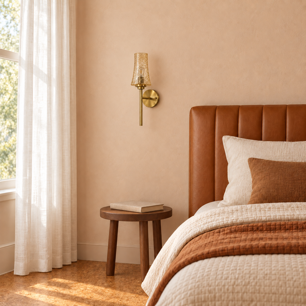 Crackle Tea Glass Torch Wall Light beside a bed above a round bedside table in daylight, switched off