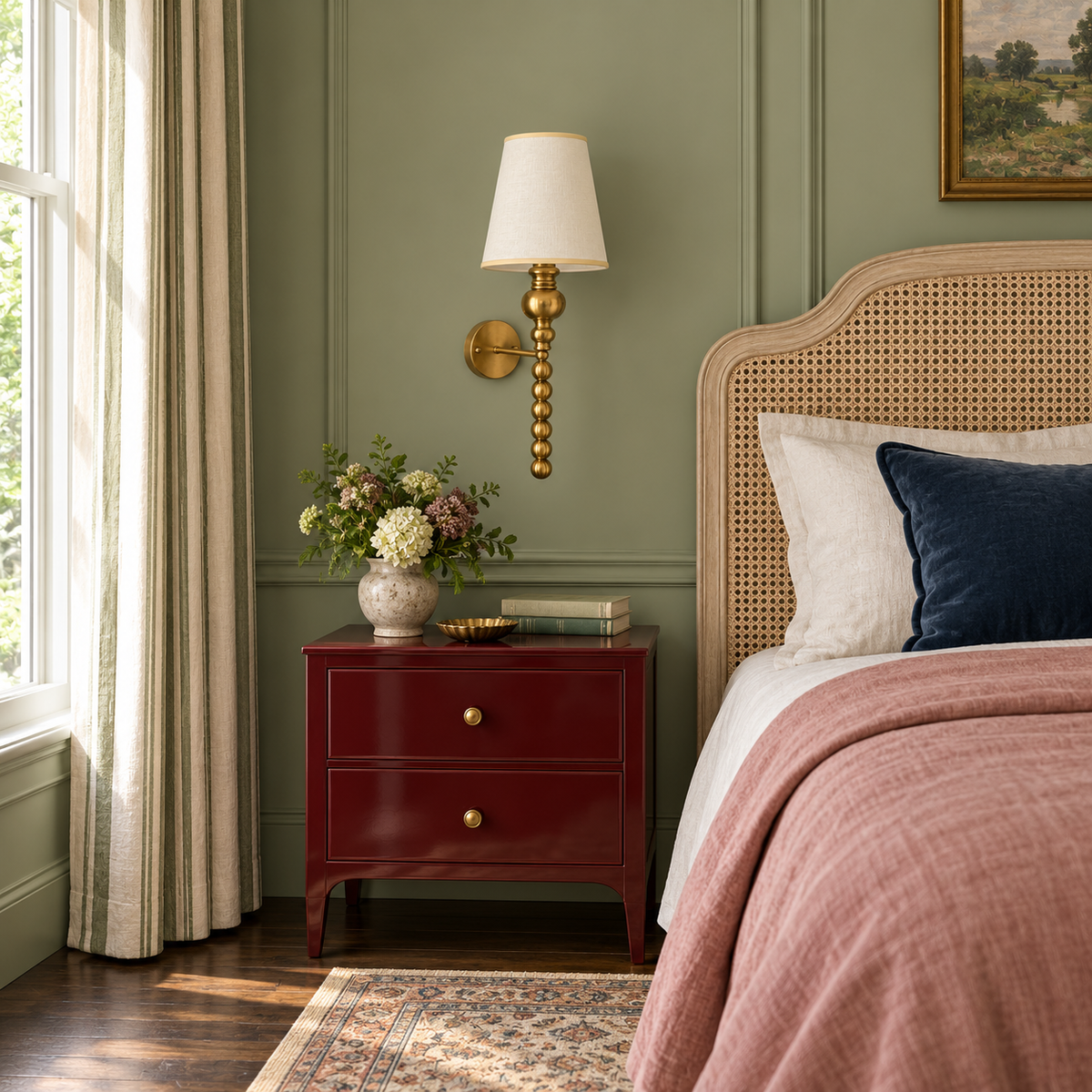 White tapered-shade wall light beside a cane headboard in a bright bedroom, switched off