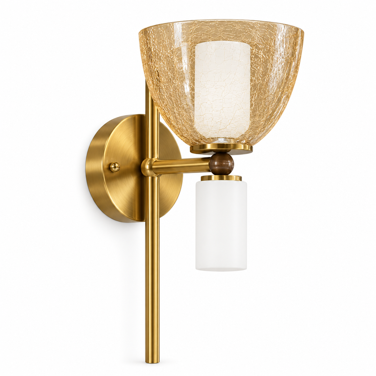 Tea crackle glass wall light with white glass details, a long vertical rod and round backplate, switched off on a white background.