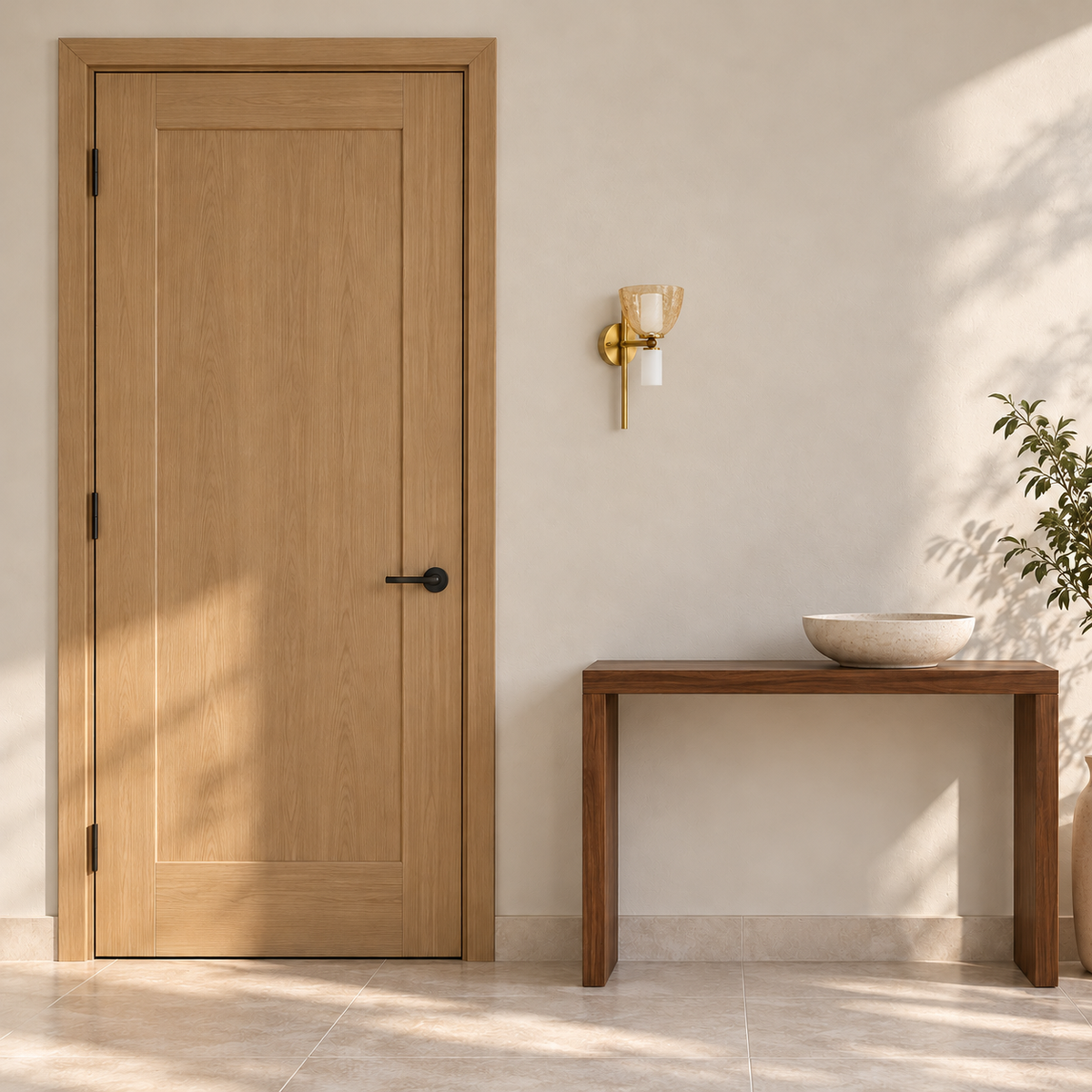Tea crackle glass rod wall light switched off beside a wooden door and above a narrow console in daylight.
