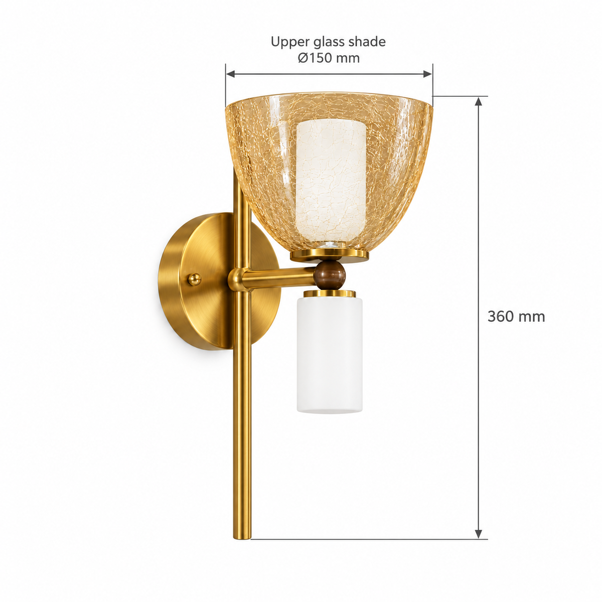 Tea crackle glass wall light dimension diagram showing 360 mm overall height and 150 mm upper glass shade diameter.