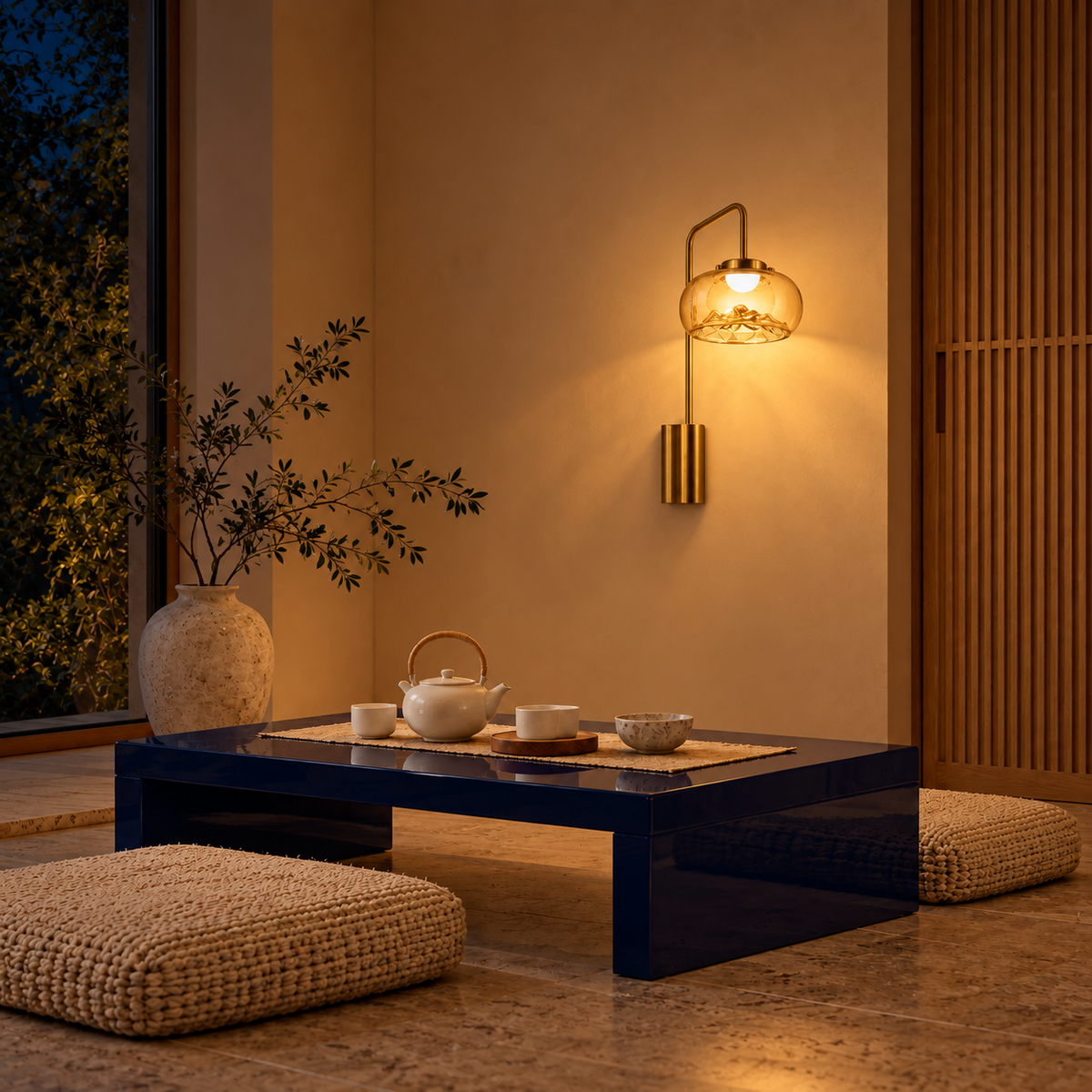 Amber glass bowl wall light illuminated above a low table and floor cushions at night