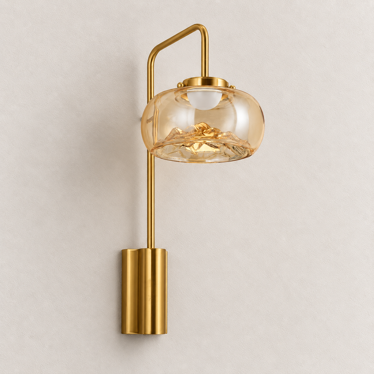 Amber glass bowl wall light with a slender angular loop arm and cylindrical wall mount, switched off