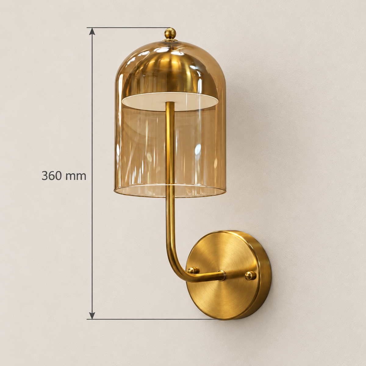 Amber glass bell-shade wall light showing 360 mm overall height