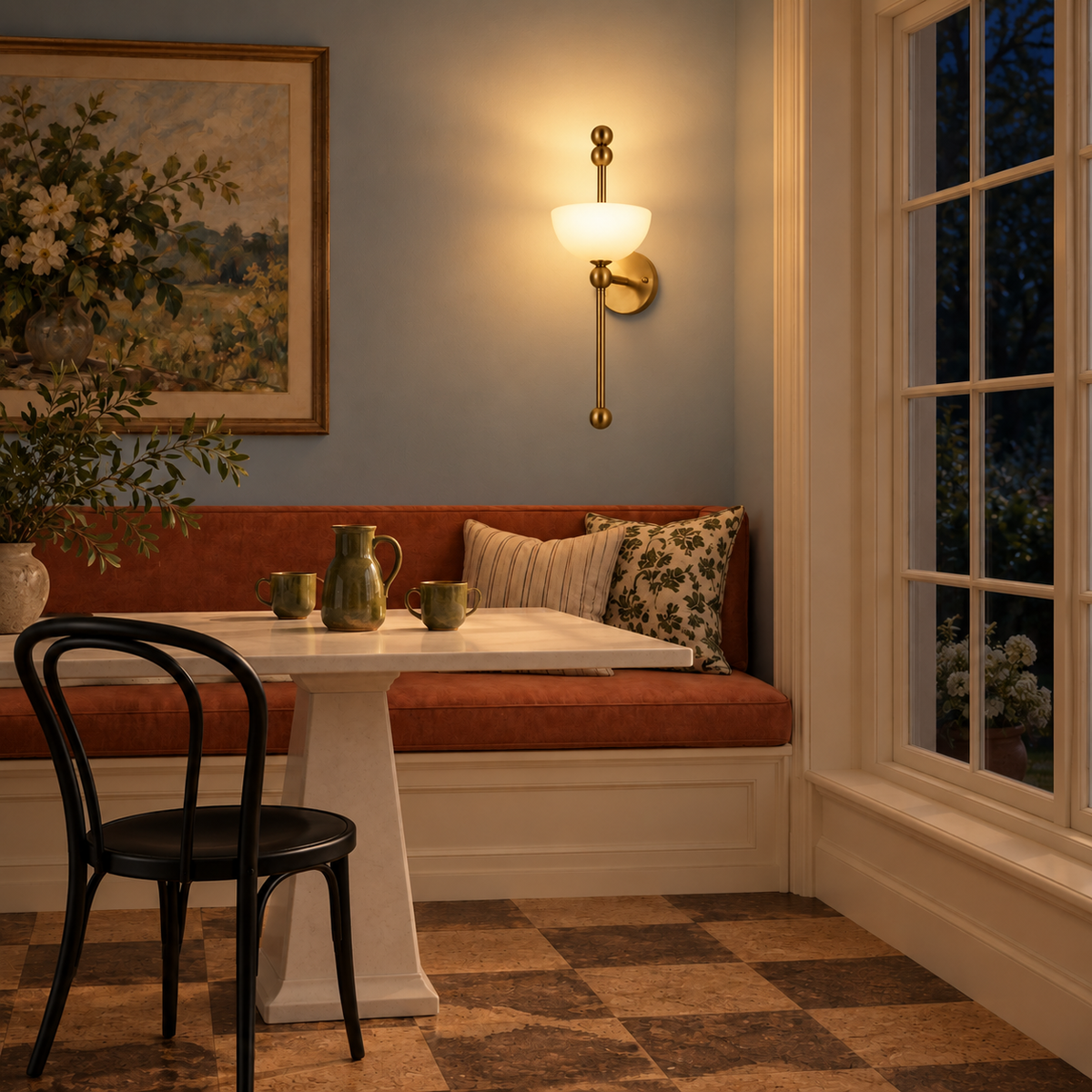 White glass bowl wall light illuminated beside floral artwork in a dining corner at night