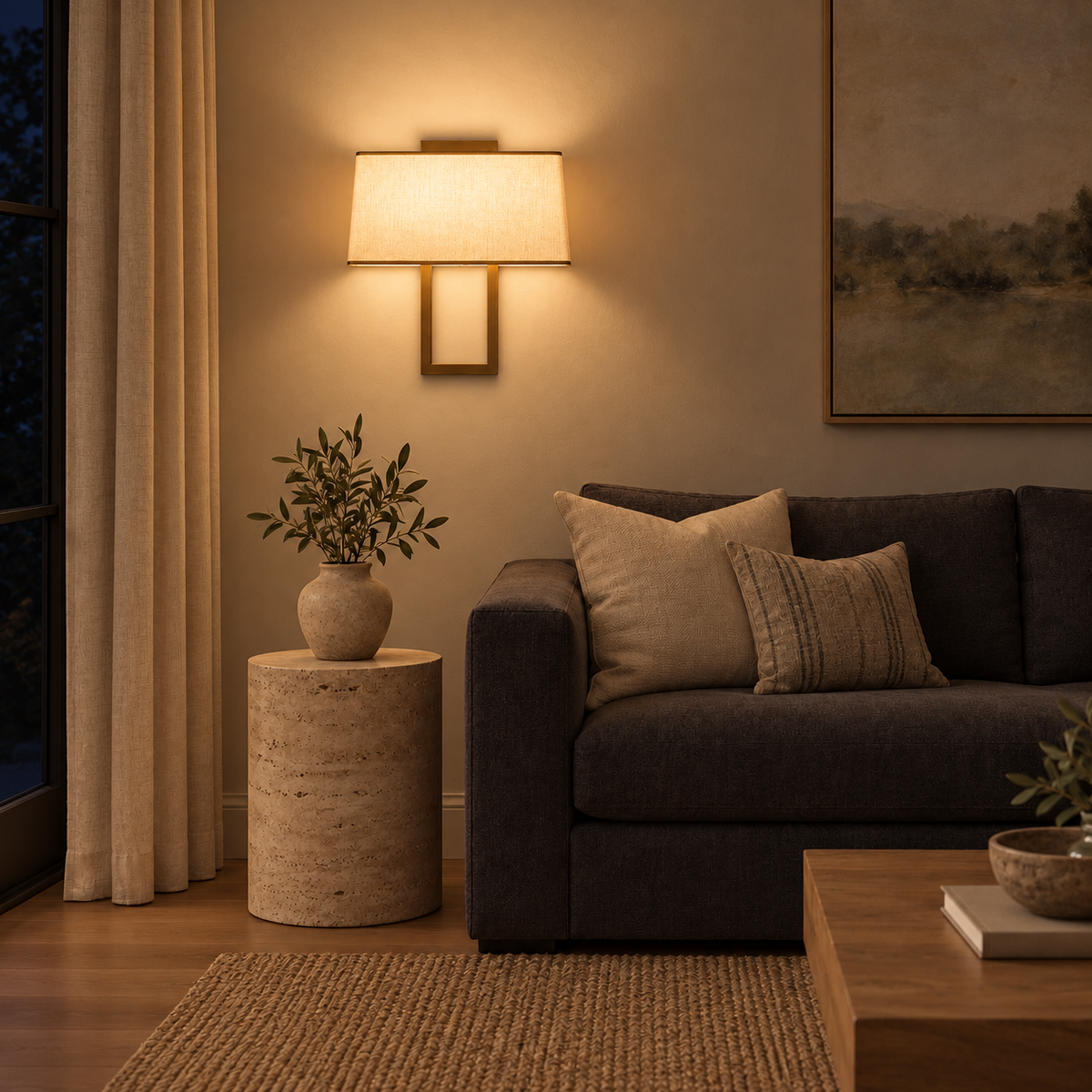 Open Frame Rectangular Shade Wall Light illuminated in a night-time interior