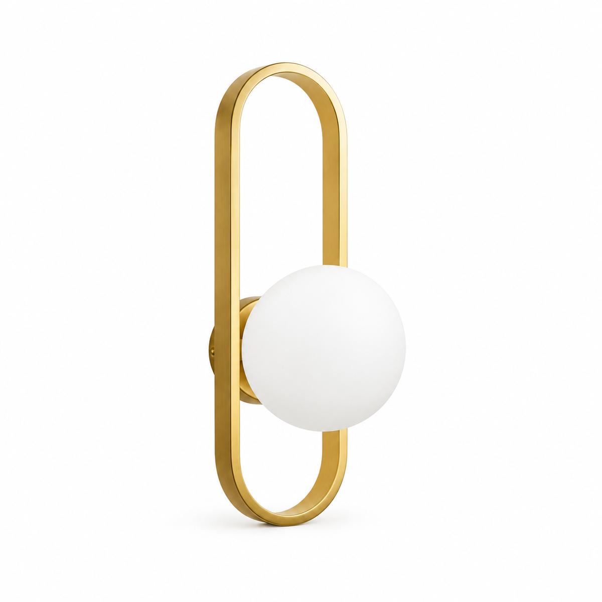 White glass globe wall light projecting from an open gold-toned capsule frame, switched off against a white studio background.