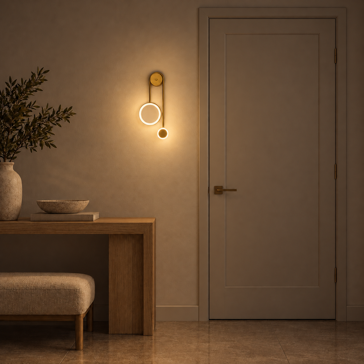 Asymmetric Halo and Disc Wall Light illuminated in a night-time interior setting.