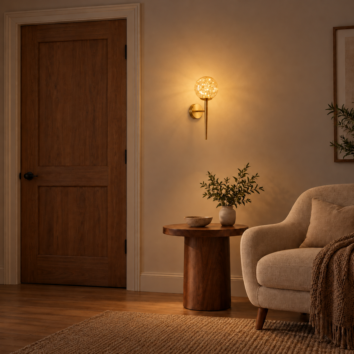 Amber Starlit Globe and Slender Stem Wall Light illuminated in a night-time interior setting.