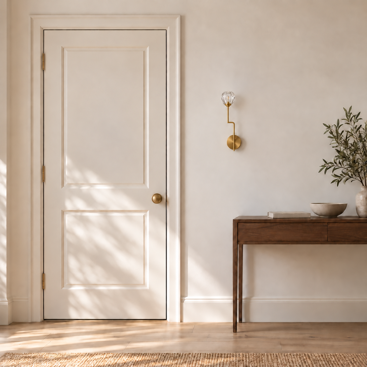 Single faceted crystal bud wall light on a slender bent gold-toned stem with a round backplate, switched off in a daylight interior setting.