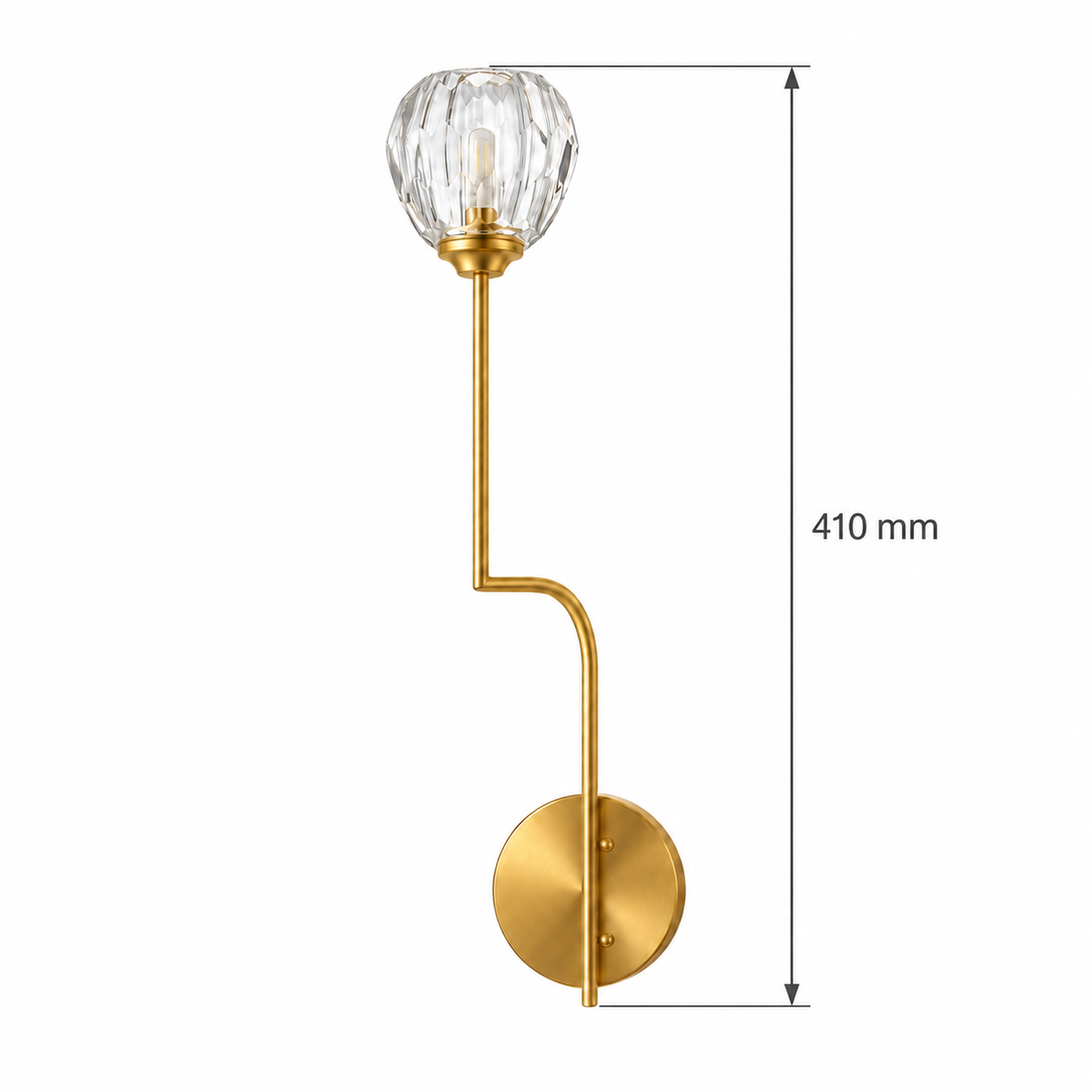 Single faceted crystal bud wall light on a slender bent gold-toned stem with a round backplate dimension diagram showing 410 mm overall height.
