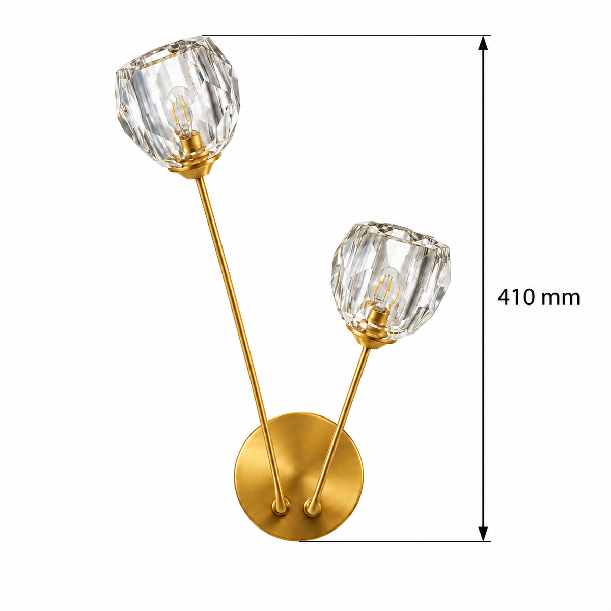 Twin faceted crystal bud wall light with fine gold-toned stems and a round backplate dimension diagram showing 410 mm overall height.