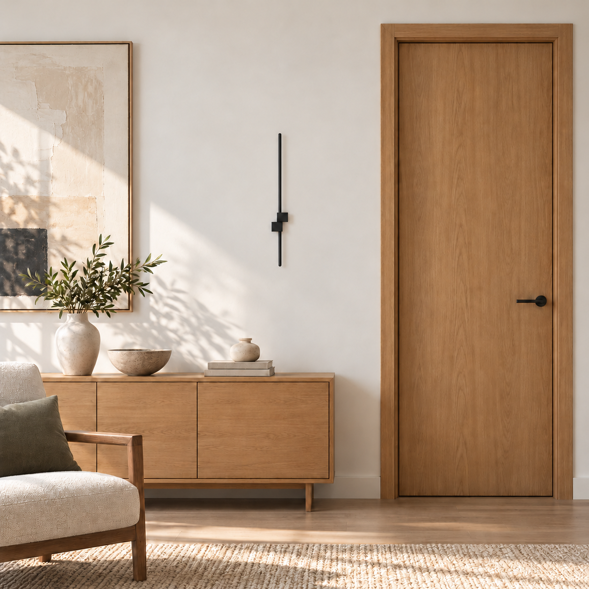 Black linear wall light with rounded bar ends and two offset rectangular blocks, switched off in a daylight interior setting.