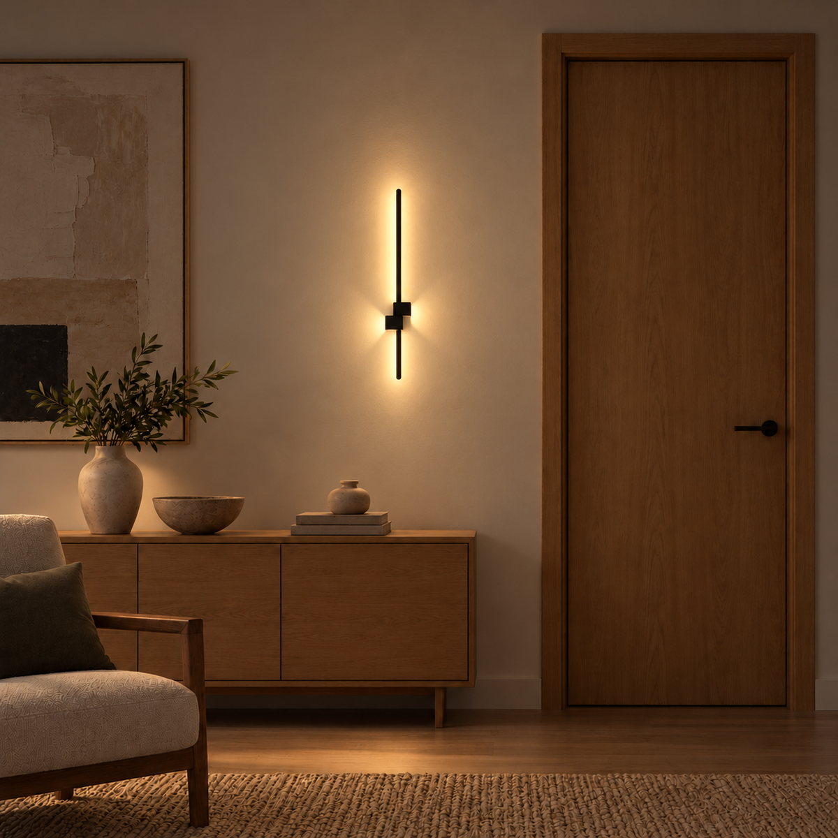 Black linear wall light with rounded bar ends and two offset rectangular blocks, illuminated in an interior setting at night.