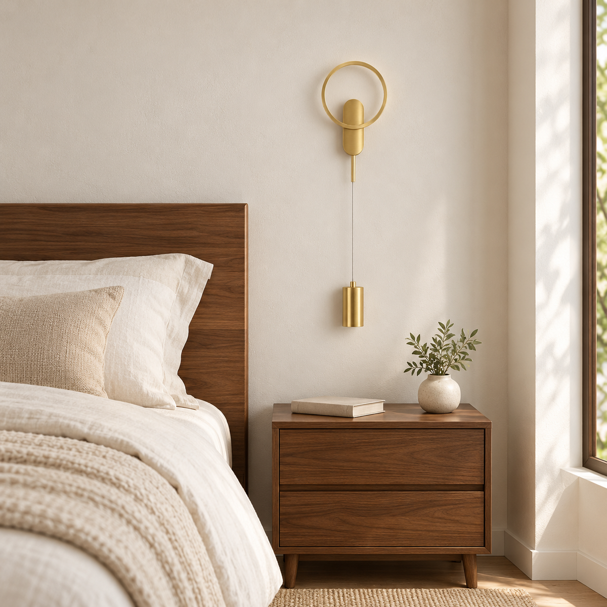 Gold-toned wall light with an upper circular halo and a small suspended cylinder below, switched off in a daylight interior setting.