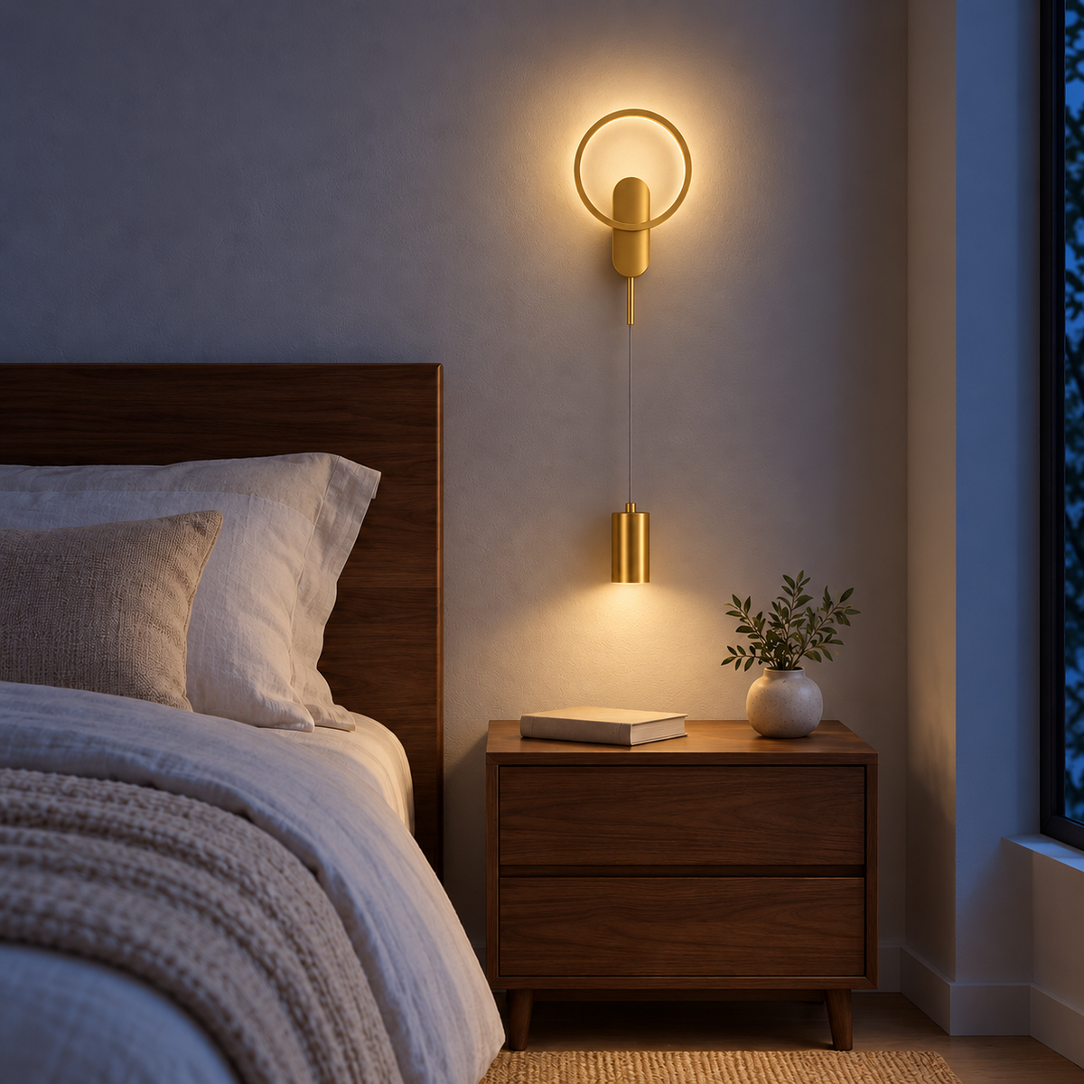 Gold-toned wall light with an upper circular halo and a small suspended cylinder below, illuminated in an interior setting at night.