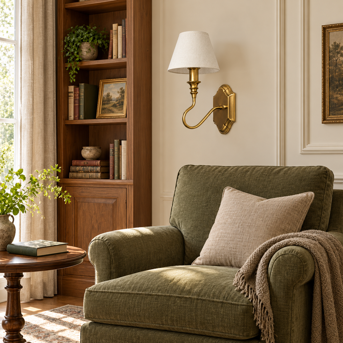 Shield Backplate Scroll Wall Light installed in a daylight interior, shown switched off