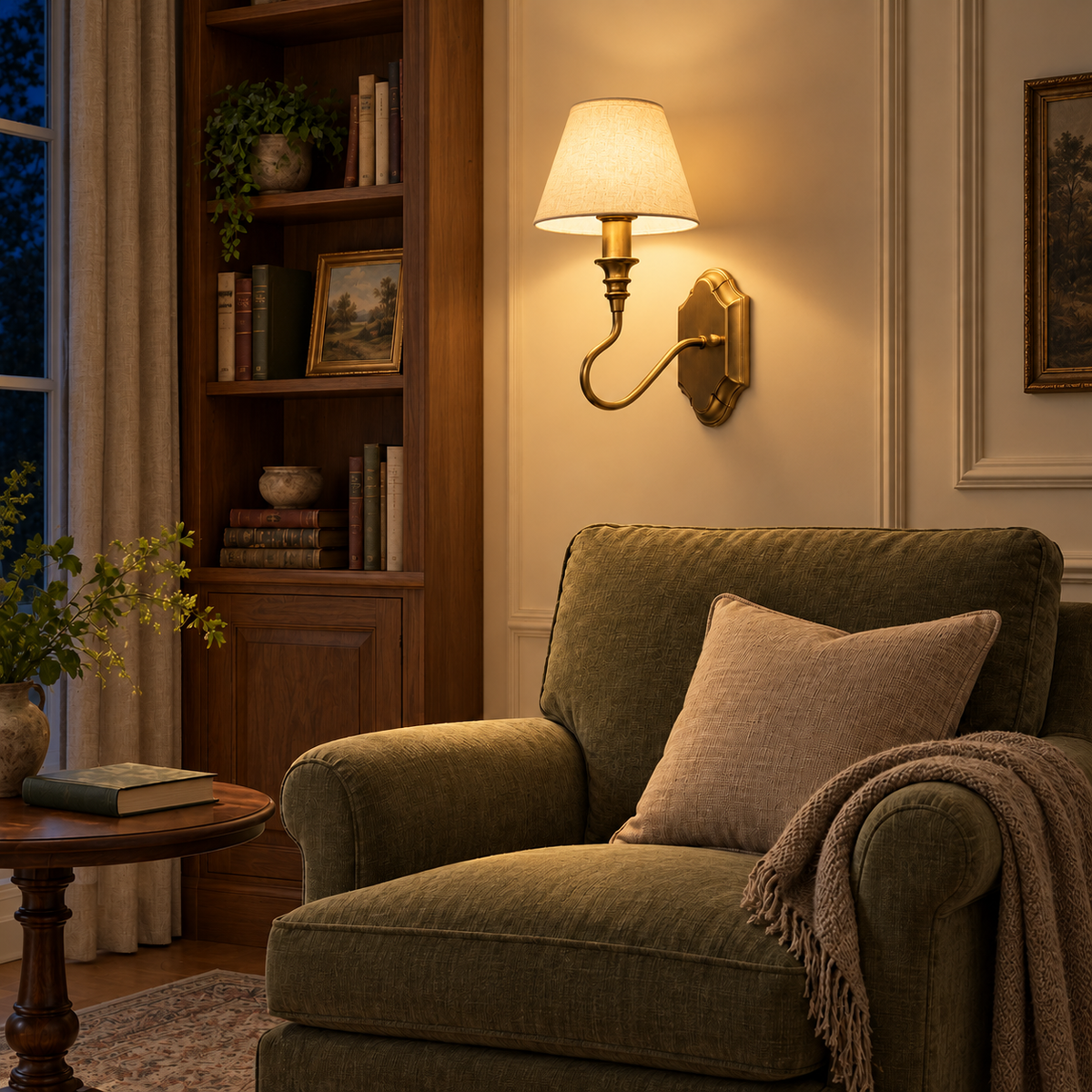 Shield Backplate Scroll Wall Light illuminated in a night-time interior