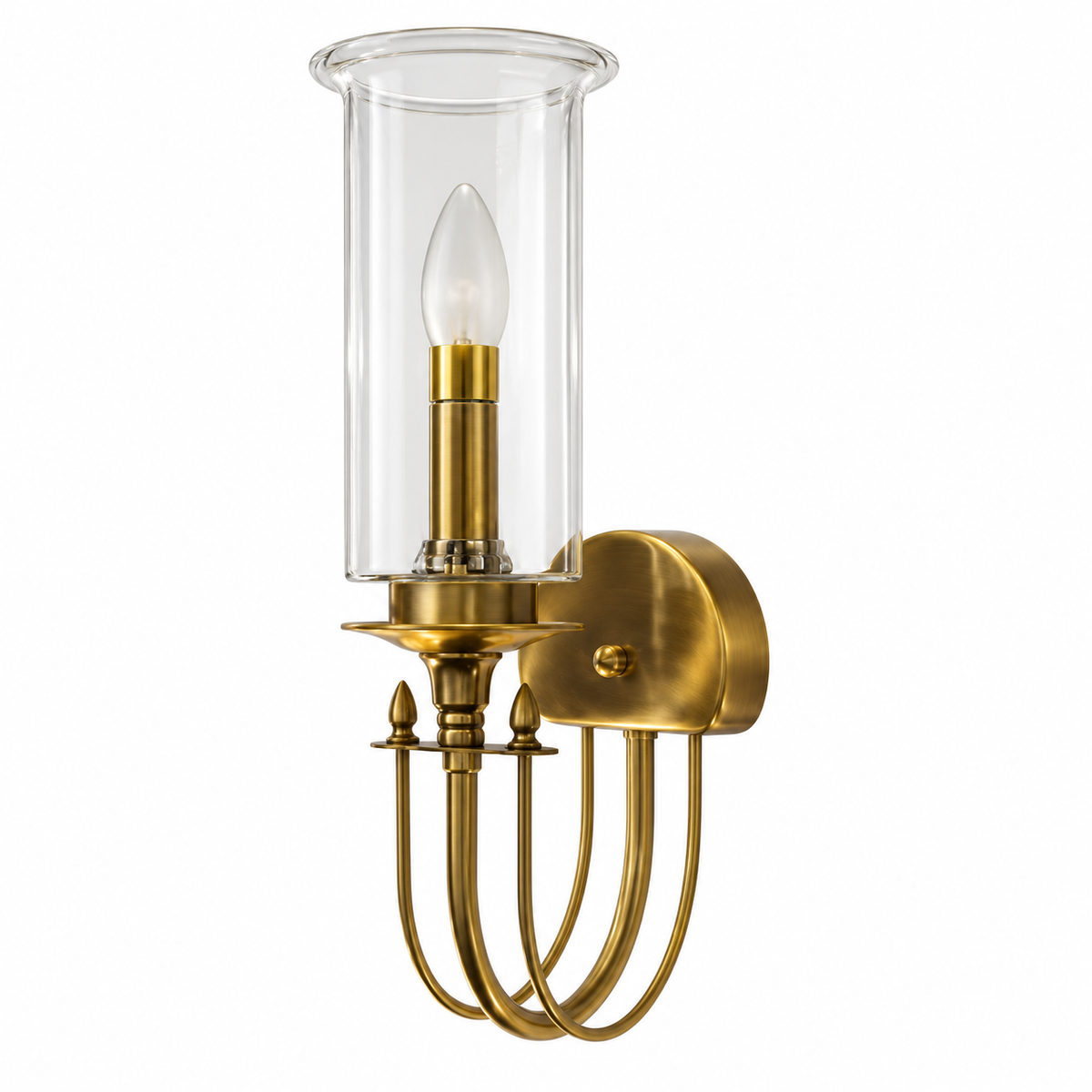 Clear chimney glass wall light with a candle-style holder, gold-tone scroll rods and round backplate, switched off against a white background