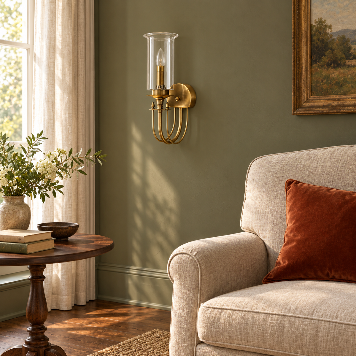 Clear Chimney Scroll Wall Light above a side table beside an upholstered armchair in daylight, switched off