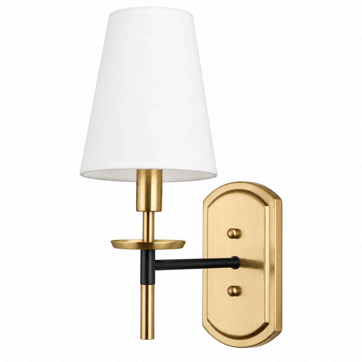 Tapered Cloth Black Arm Wall Light with a tapered white cloth shade, black arm and gold-tone shaped backplate, shown switched off against a white background