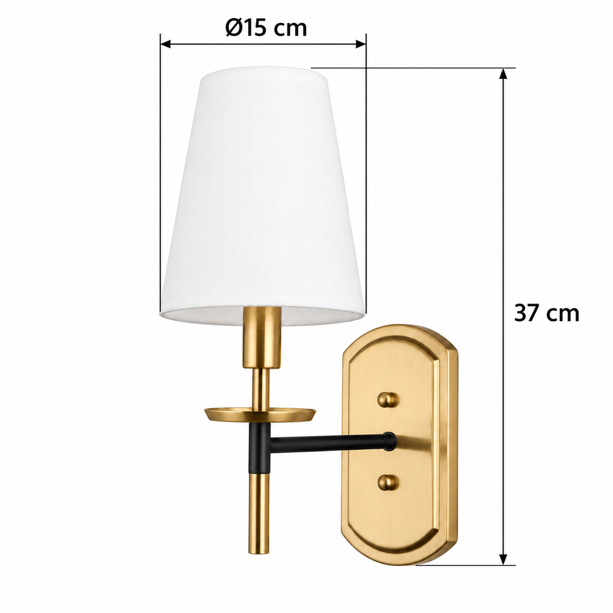 Tapered Cloth Black Arm Wall Light dimension guide showing overall height 37 cm; shade diameter 15 cm