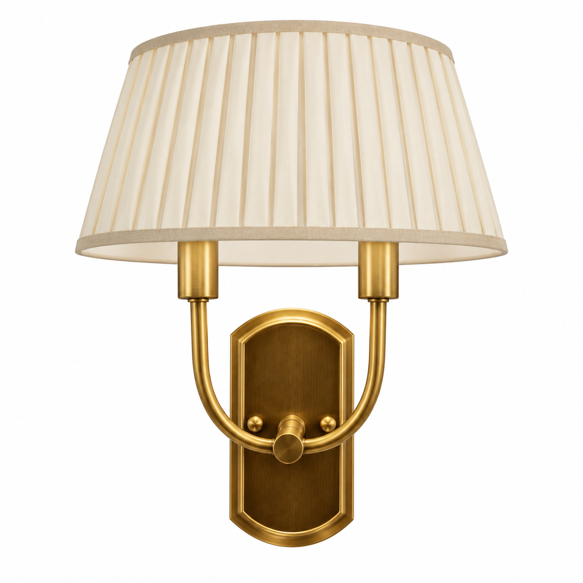 Off-white pleated shade wall light with twin curved gold-tone arms and an elongated backplate, switched off against a white background