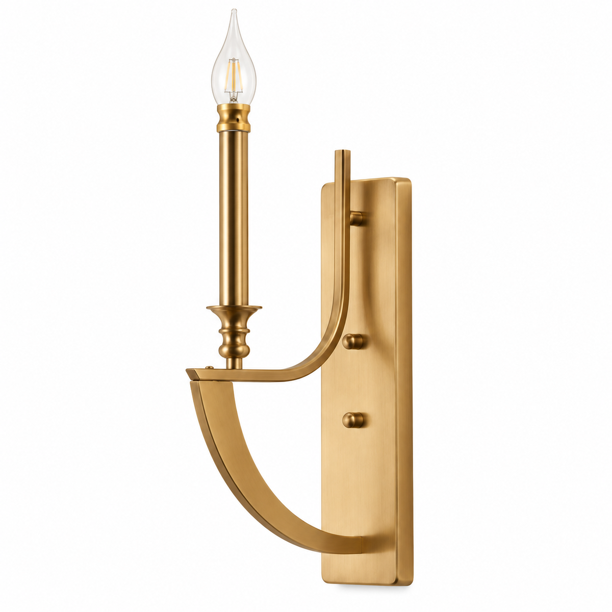 Antique-tone candle-style wall light with an open curved arm and narrow rectangular backplate, switched off against a white background