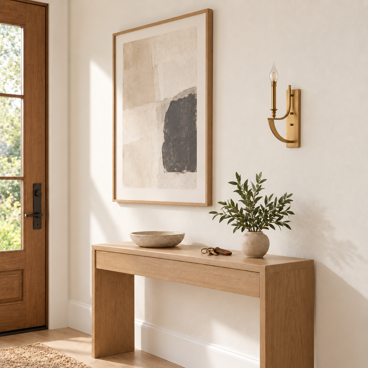 Antique-Tone Candle Arm Wall Light above a light wood console beside framed artwork in daylight, switched off