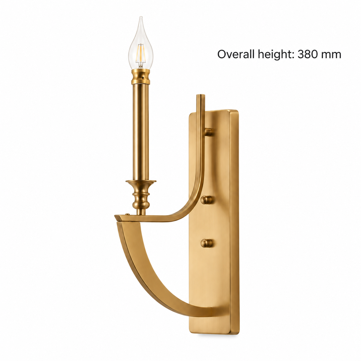 Antique-tone candle arm wall light with dimension note stating overall height 380 mm