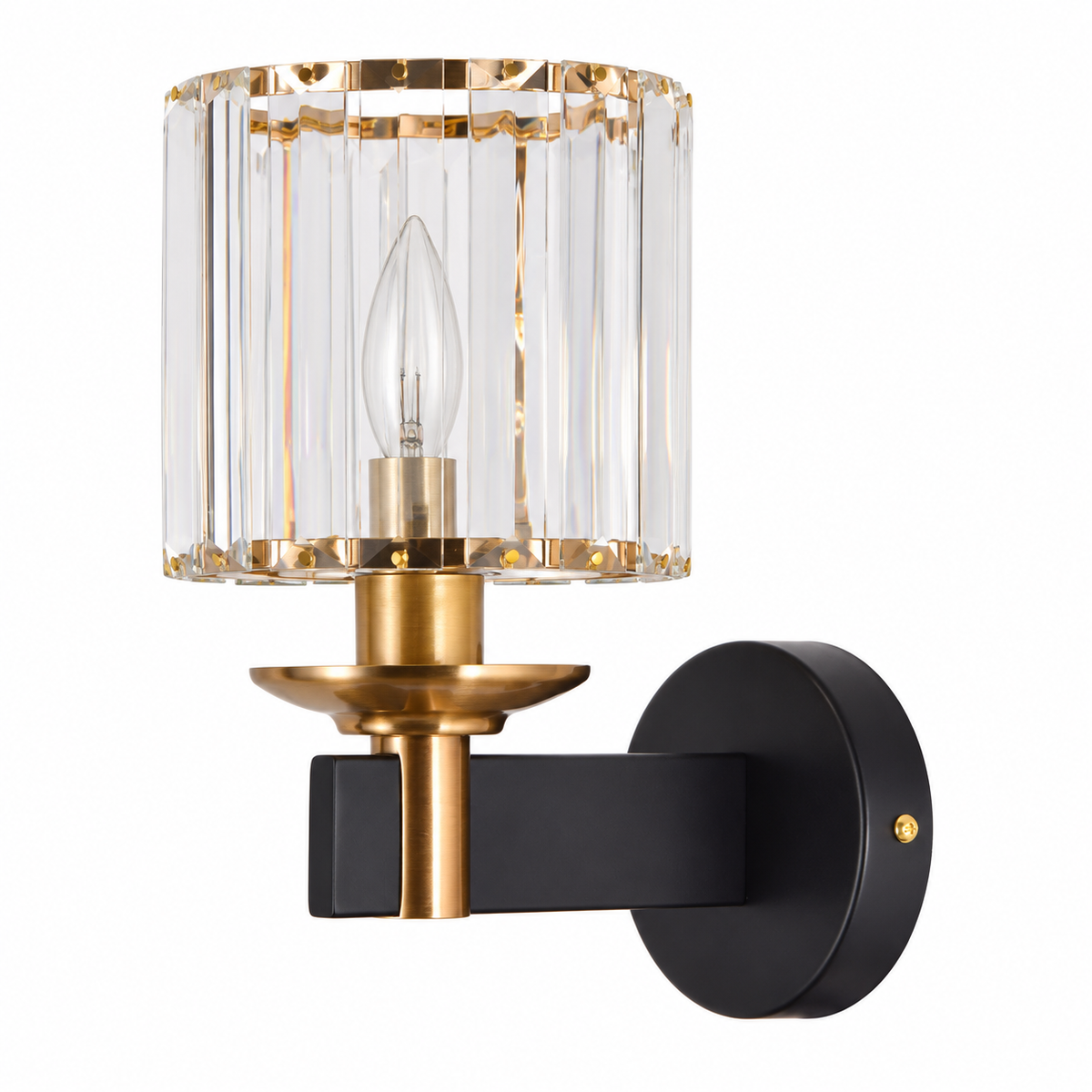 Crystal Prism Black Arm Wall Light with a clear crystal prism cylinder shade, gold-tone rings and black arm, shown switched off against a white background