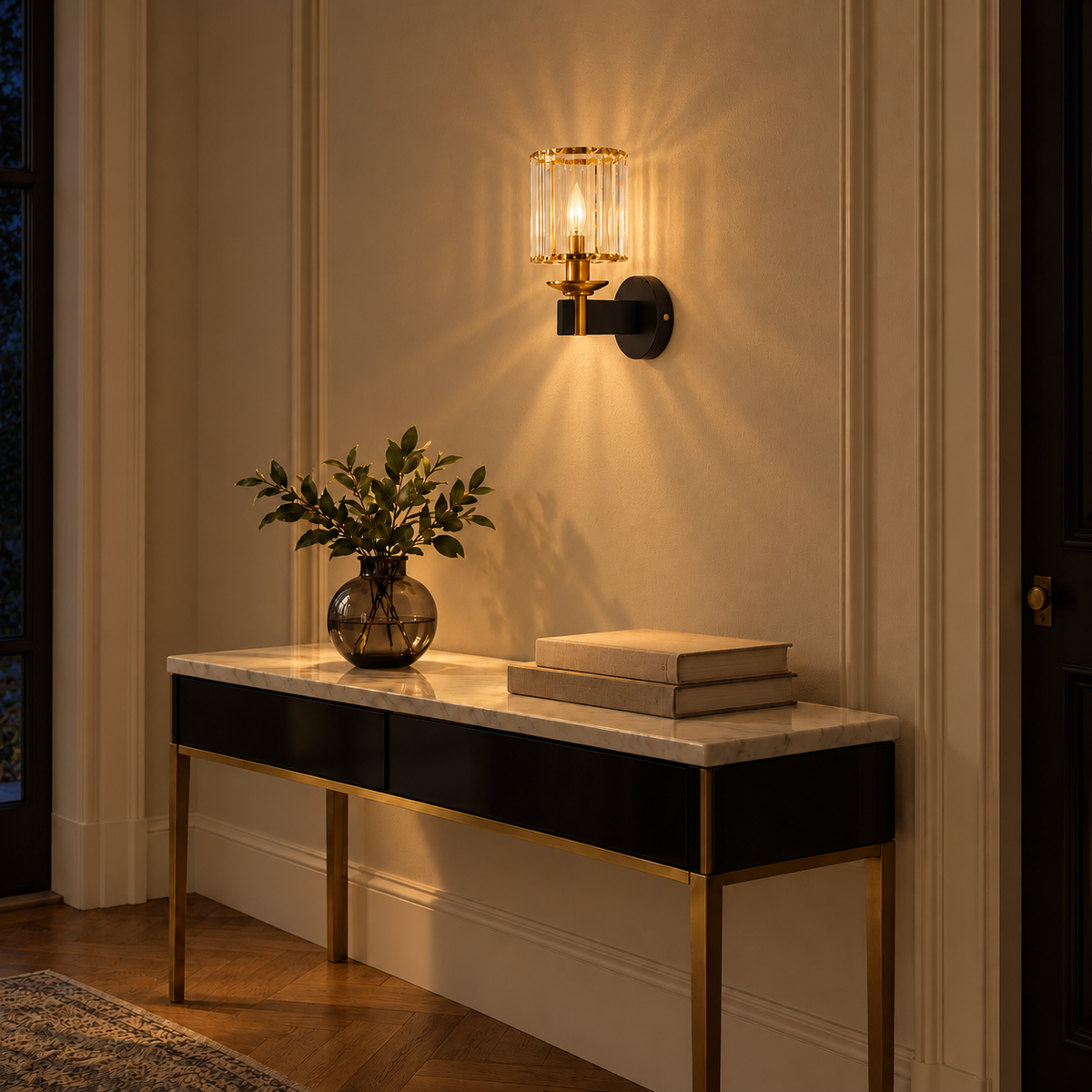 Crystal Prism Black Arm Wall Light illuminated in a night-time interior
