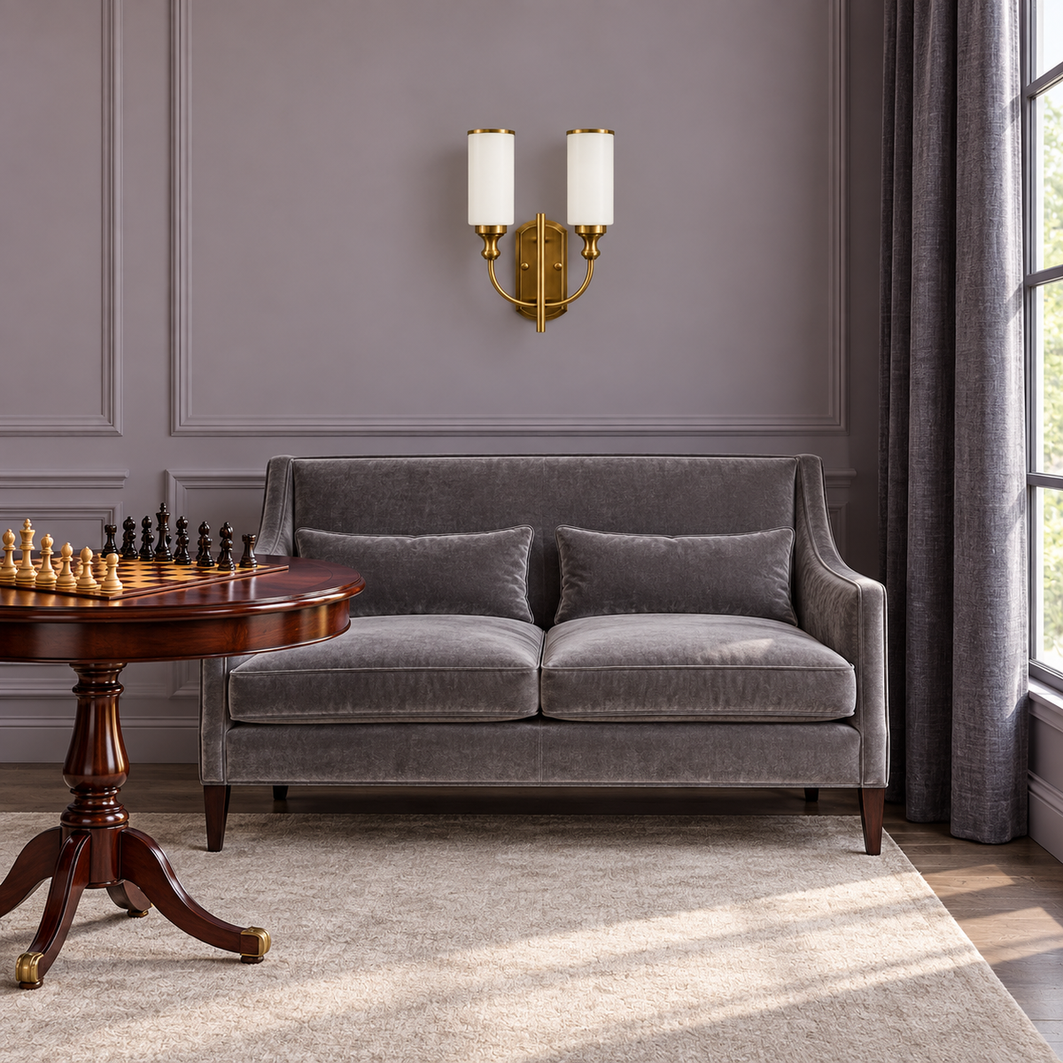Twin White Glass Cylinder Wall Light above a sofa beside a chess table in daylight, switched off