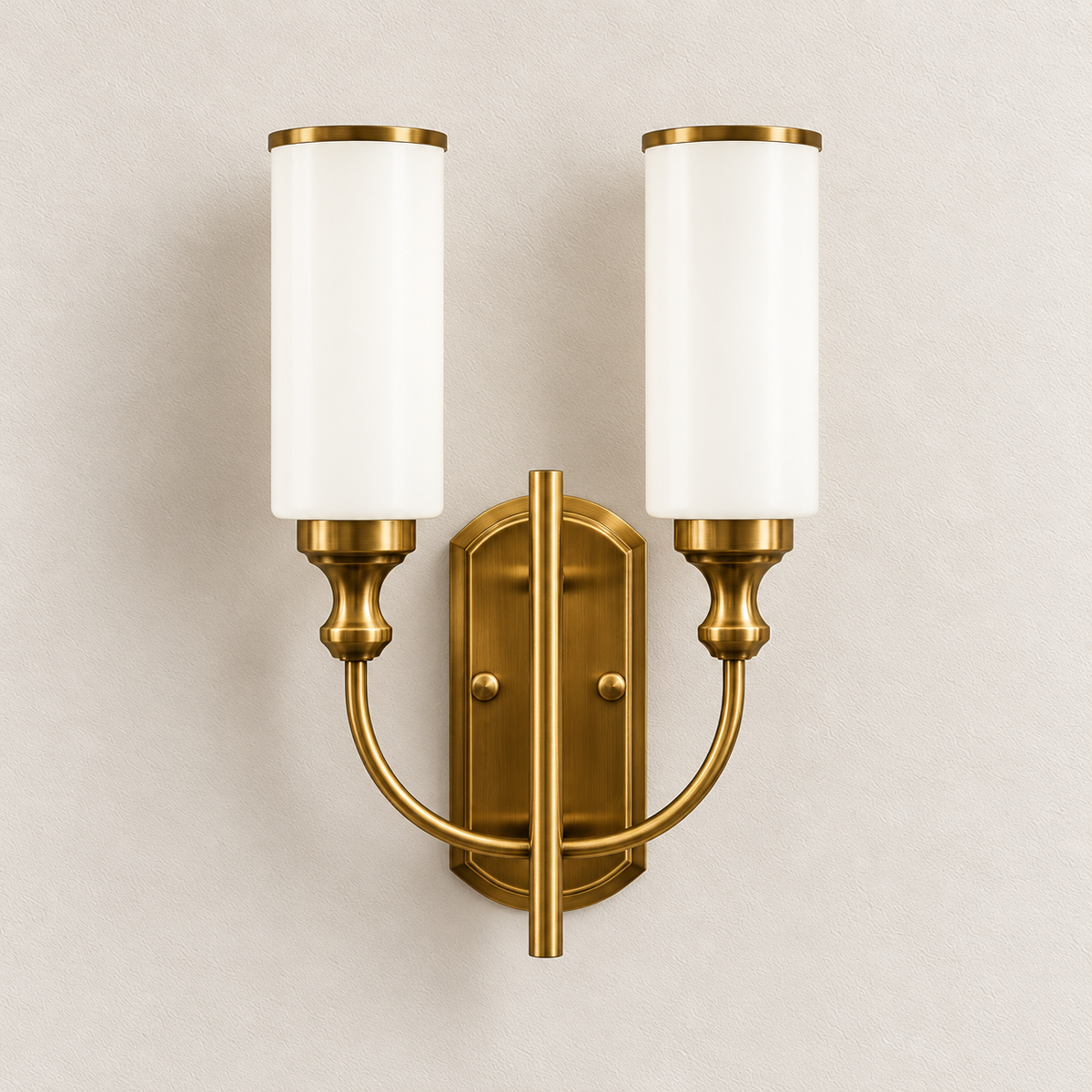 Twin White Glass Cylinder Wall Light shown against a neutral background, switched off