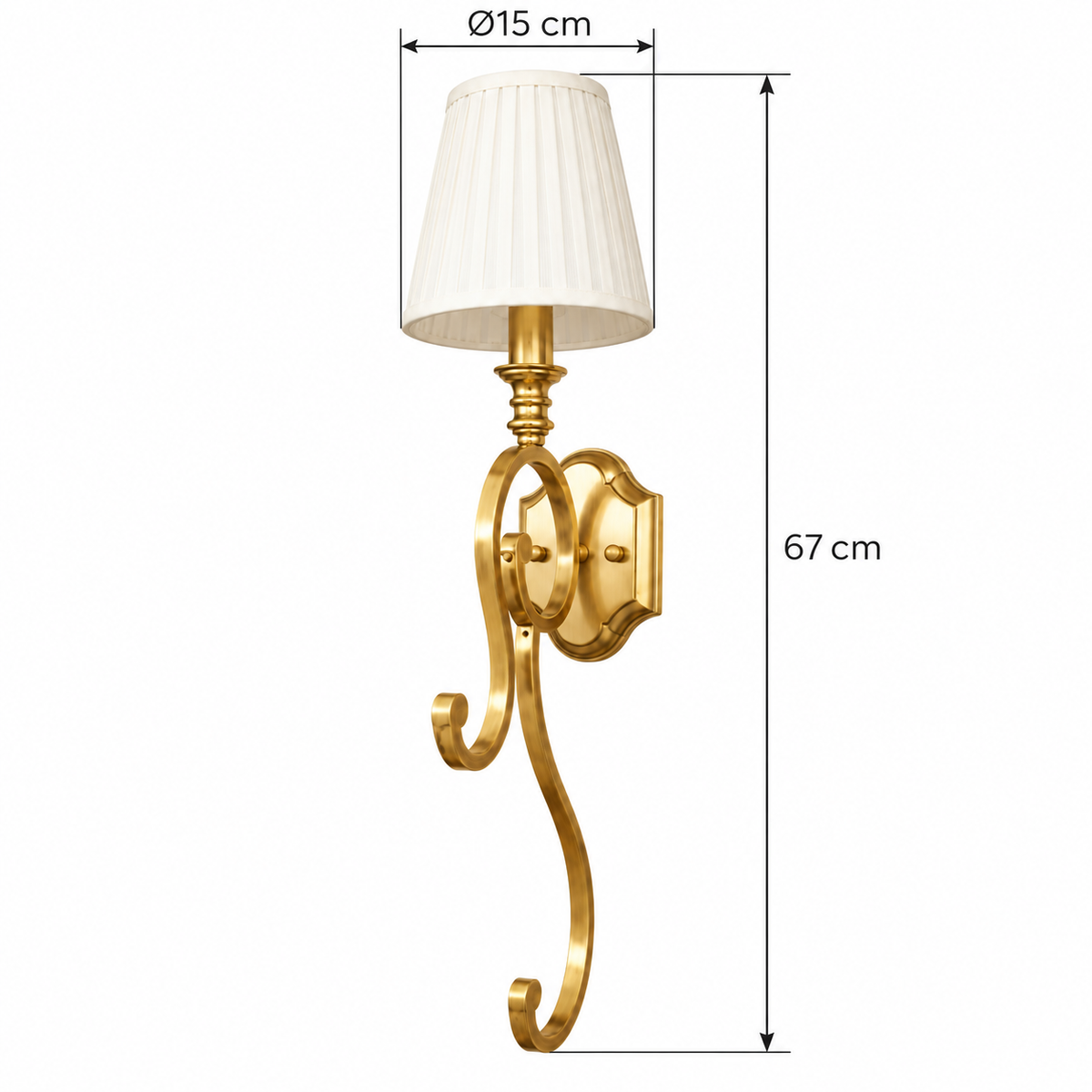 Trailing Ribbon Pleated Wall Light dimension guide showing overall height 67 cm; shade diameter 15 cm