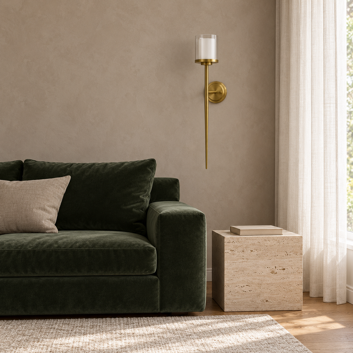 Layered Glass Tall Stem Wall Light installed in a daylight interior, shown switched off