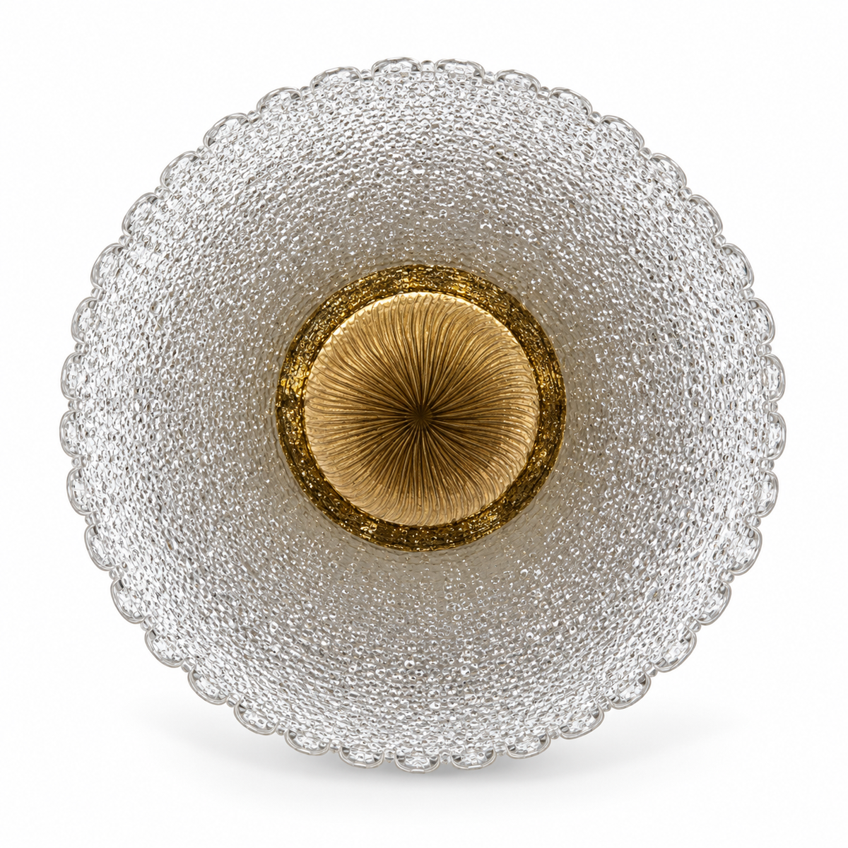 Round clear textured glass wall light with a scalloped rim and raised gold-tone rosette centre, switched off