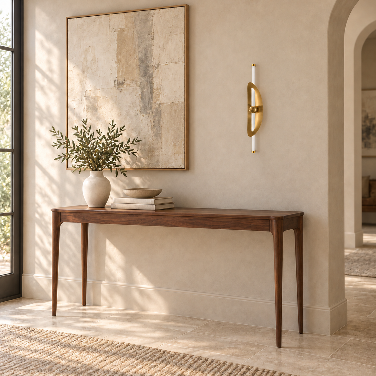 Gold Leaf-Frame Vertical Rod Wall Light, 580 mm installed in a residential interior in daylight, light off