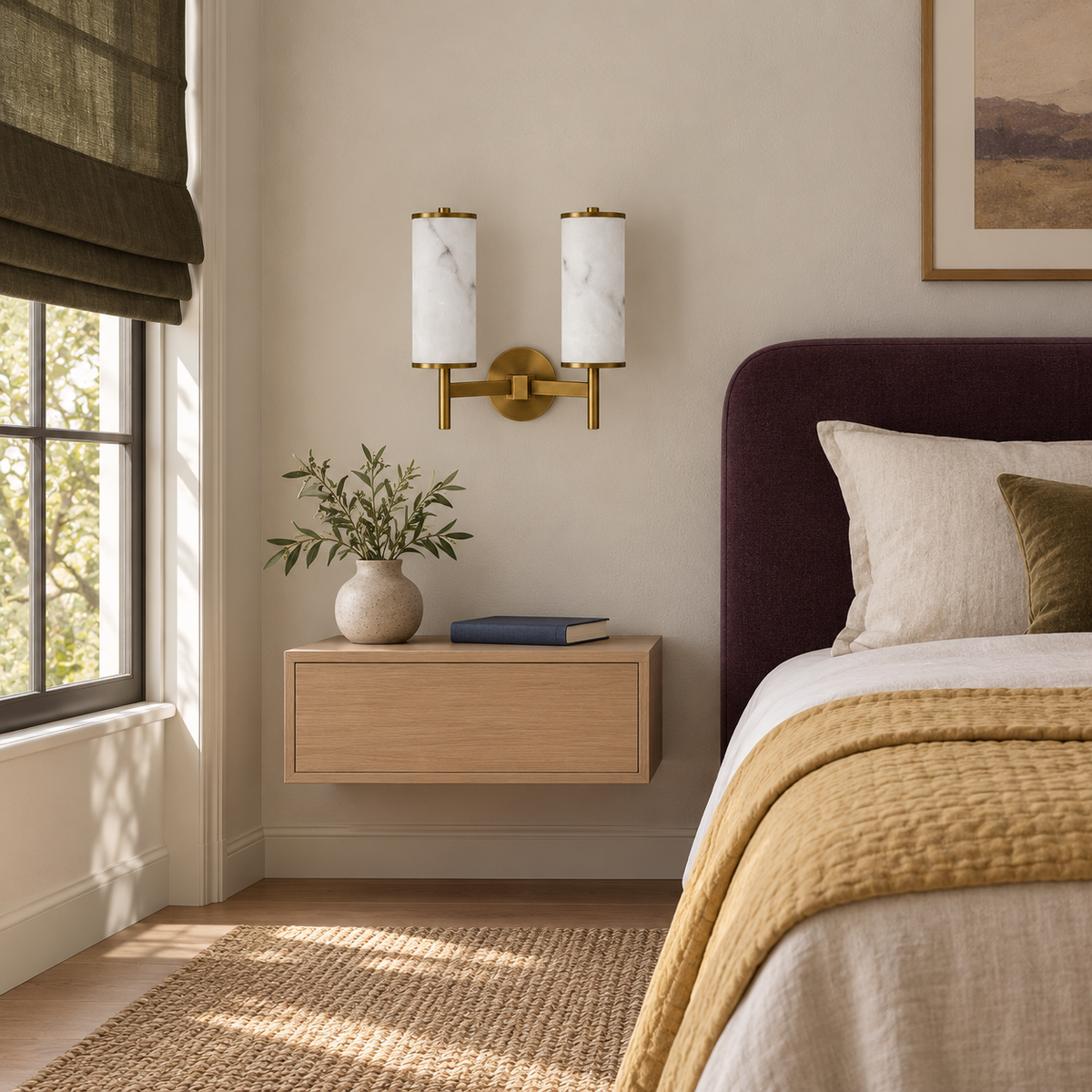 Twin-arm stone-effect torch wall light beside an upholstered headboard in daylight, switched off