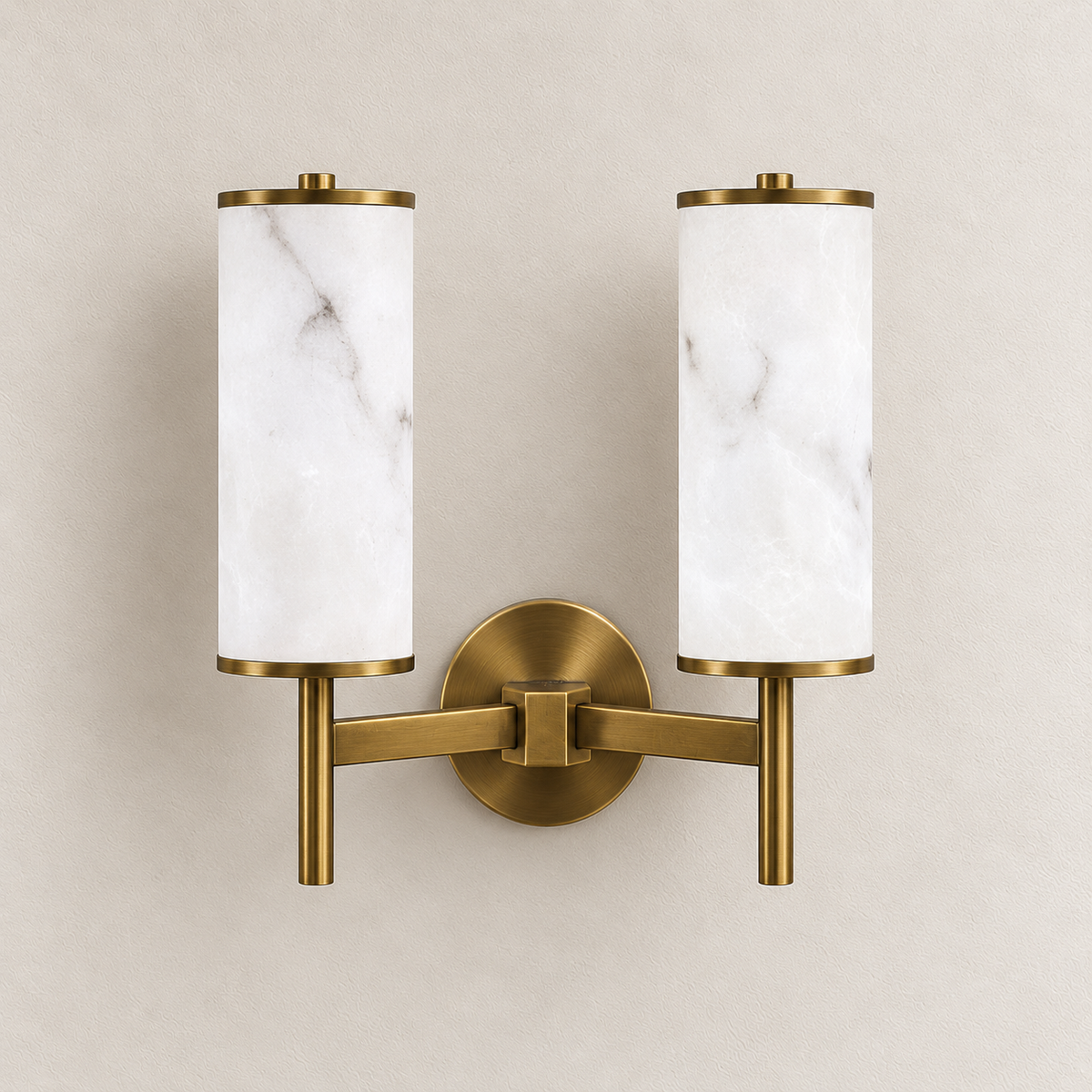 Twin-arm stone-effect torch wall light with pale cylindrical shades and a round central mount, switched off